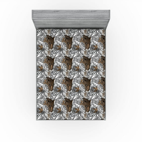 Ambesonne Animals Fitted Sheet, Wild Nature Leopard Pattern, Full Size, Sepia Off White and Black