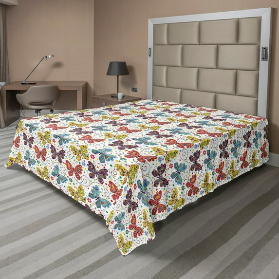 Ambesonne Animals Flat Sheet, Abstract Butterflies Images, Queen Size, Multicolor