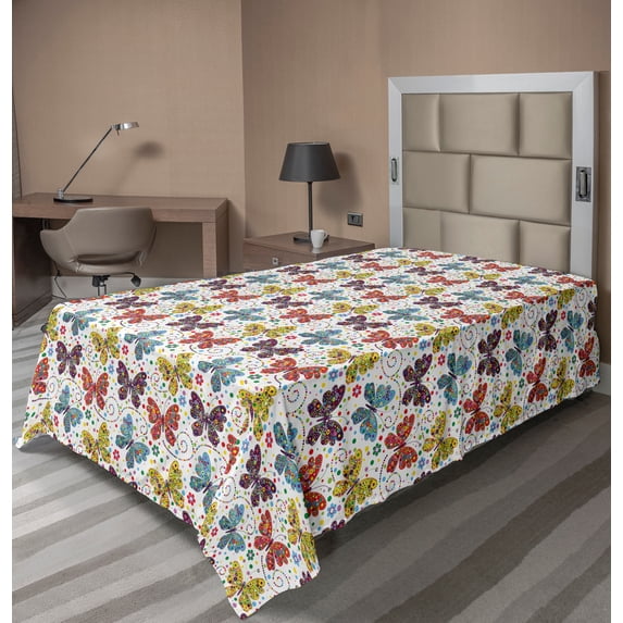 Ambesonne Animals Flat Sheet, Abstract Butterflies Images, TwinXL Size, Multicolor
