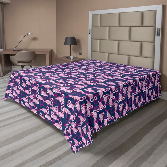 Ambesonne Animals Flat Sheet, Cartoon Exotic Flamingos, Queen Size, Pink and Dark Blue
