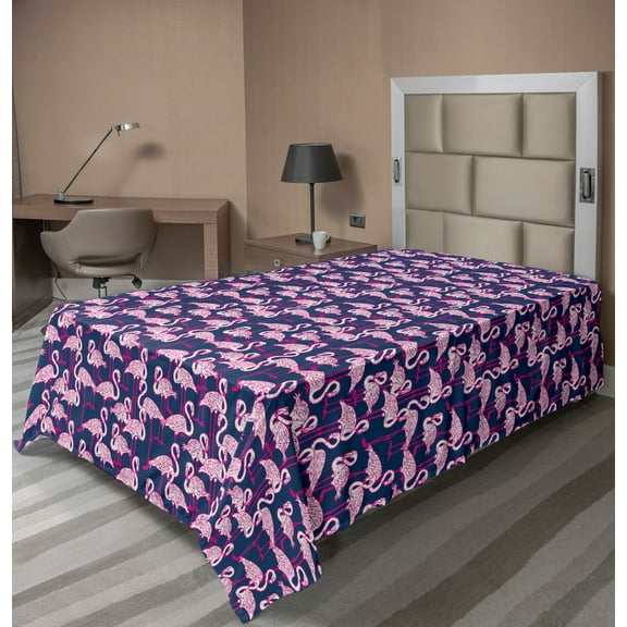 Ambesonne Animals Flat Sheet, Cartoon Exotic Flamingos, TwinXL Size, Pink and Dark Blue