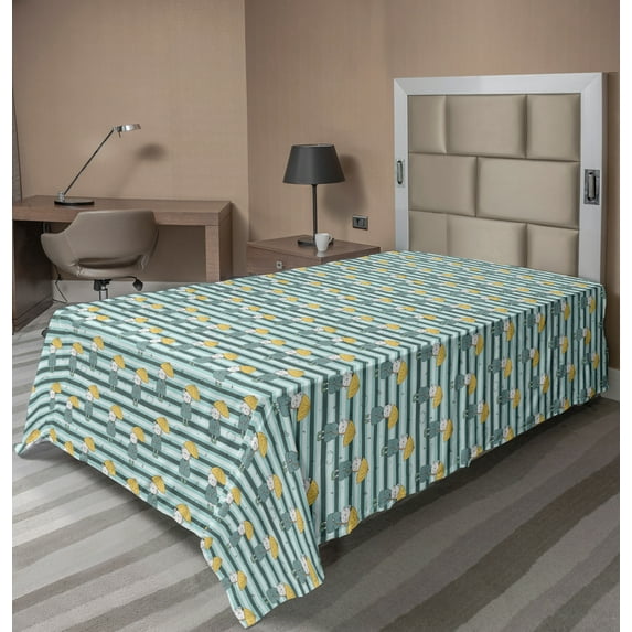 Ambesonne Animals Flat Sheet, Cats and Umbrellas Pattern, Twin Size, Pale Teal Mustard