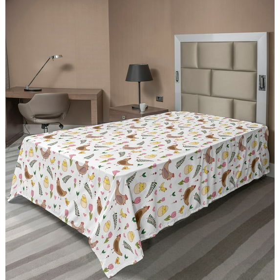Ambesonne Animals Flat Sheet, Chicken and Hatching Chicks, TwinXL Size, White Multicolor