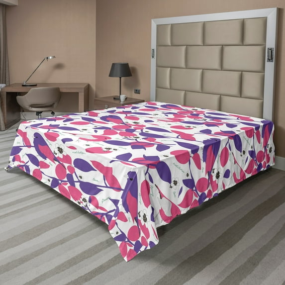 Ambesonne Animals Flat Sheet, Colored Flowers and Birds, Full Size, Pink and Blue Violet