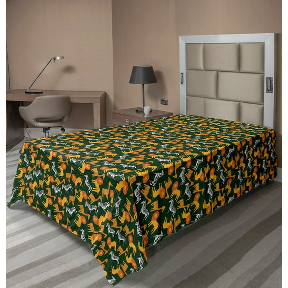 Ambesonne Animals Flat Sheet, Lions Zebras and Giraffes, TwinXL Size, Multicolor
