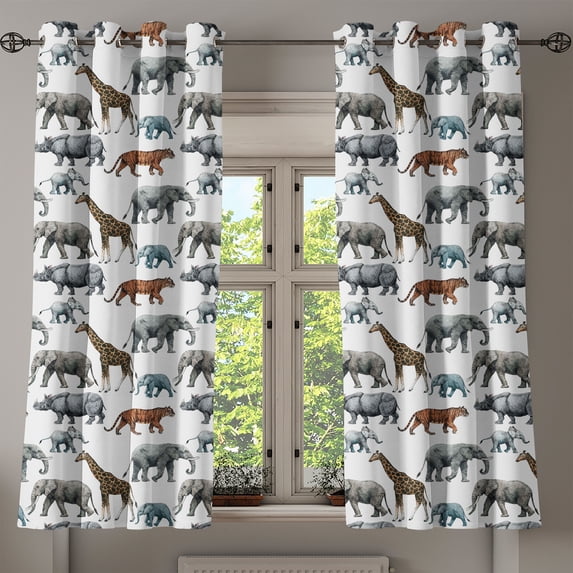 Ambesonne Animals Grommet Curtain, Tiger Hippo Giraffe Print, 50"x63", White Soft Blue Cinnamon