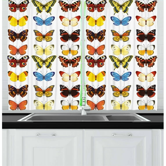 Ambesonne Animals Kitchen Curtains, Butterflies Many Shapes, 55"x39", Multicolor