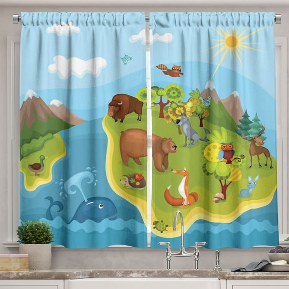 Ambesonne Animals Kitchen Curtains, Happy Planet Mountains, 55"x39", Multicolor