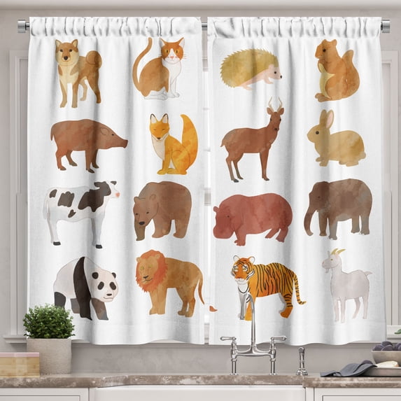 Ambesonne Animals Kitchen Curtains, Wild Cats Cow Bear Rabbit, 55"x30", Pale Caramel Dark Orange
