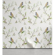 Ambesonne Animals Peel & Stick Wallpaper for Home, Birds Settled on Branches, 13"x72", White and Olive Green