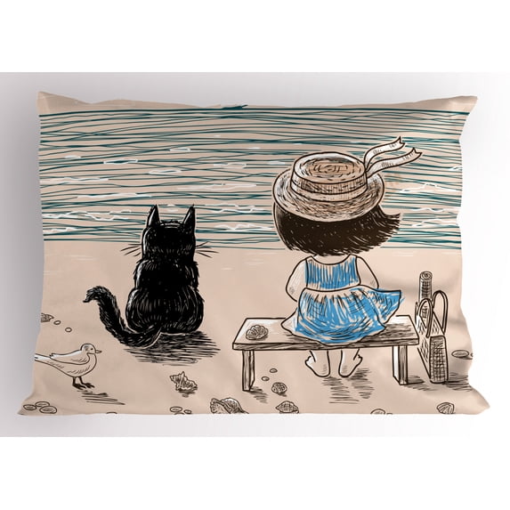 Ambesonne Animals Pillow Sham, Girl with a Cat, 26" X 20", Multicolor