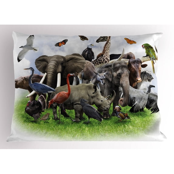 Ambesonne Animals Pillow Sham, Wild Creatures Collage Art, 26" X 20", Multicolor