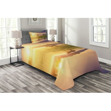 Ambesonne Animals Quilted Bedspread Set 2 Pcs, Horse Valley with Lake, Twin Size, Multicolor