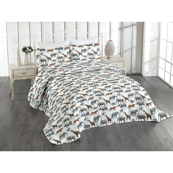 Ambesonne Animals Quilted Coverlet 3 Pcs, Tiger Hippo Giraffe Print, Queen Size, White Soft Blue Cinnamon
