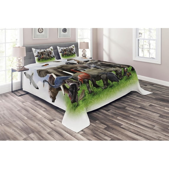 Ambesonne Animals Quilted Coverlet 3 Pcs, Wild Creatures Collage Art, Queen Size, Multicolor