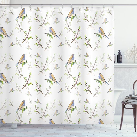 Ambesonne Animals Shower Curtain, Birds Settled on Branches, 69"Wx84"L, White and Olive Green