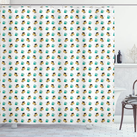 Ambesonne Animals Shower Curtain, Cartoon Bee Sketch ABC Art, 69"Wx75"L, White Mustard and Teal