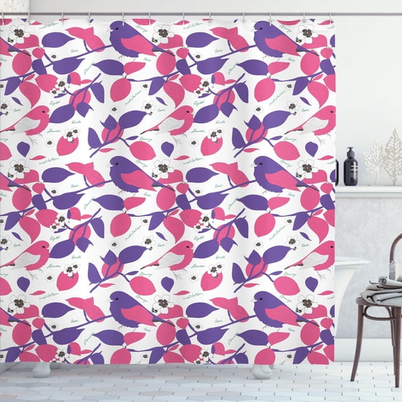 Ambesonne Animals Shower Curtain, Colored Flowers and Birds, 69"Wx84"L, Pink and Blue Violet