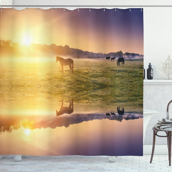 Ambesonne Animals Shower Curtain, Horse Valley with Lake, 69"Wx75"L, Multicolor