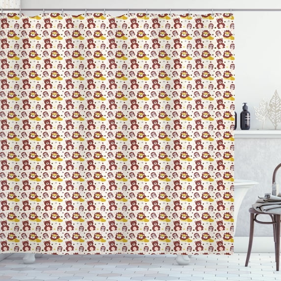 Ambesonne Animals Shower Curtain, Teddy Bear Hedgehog Lion, 69"Wx84"L, Pale Redwood Earth Yellow
