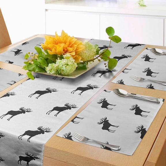 Ambesonne Animals Table Runner & Placemats, Elks Deers Along Antlers, Placemat 4 pcs + Runner 14"x72", Dark Blue Grey Coconut