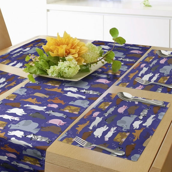 Ambesonne Animals Table Runner & Placemats, Many Creatures Sleeping, Placemat 4 pcs + Runner 16"x90", Indigo Multicolor