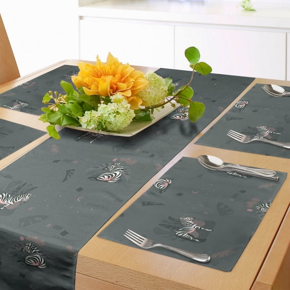 Ambesonne Animals Table Runner & Placemats, Savannah Zebras Mammals, Placemat 4 pcs + Runner 14"x72", Grey Teal and Rose