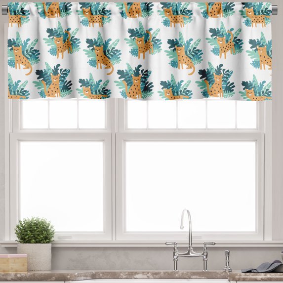 Ambesonne Animals Valance Pack of 2, Cheetah Greenery Pattern, 42"X12", Orange Dark Teal