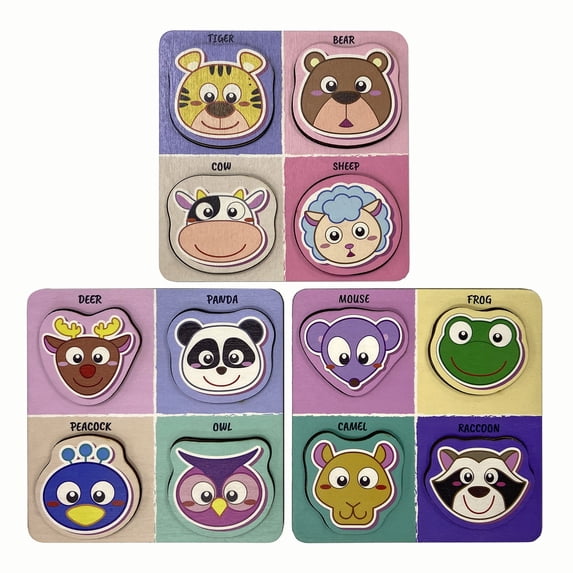 Ambesonne Animals Wooden Puzzle Set of 3 Chunky Pieces, Happy Art Learning Frog Owl, Pink Multicolor