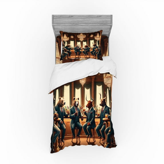 Ambesonne Animals in Suits Bedding Set 3 Pcs, Wild Gentlemen, Twin, Redwood Petrol Blue