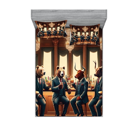 Ambesonne Animals in Suits Fitted Sheet & Pillow Sham Set, Wild Gentlemen, Queen, Redwood Petrol Blue