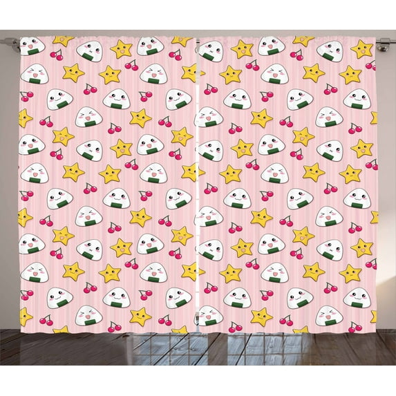 Ambesonne Anime Curtains 2 Panel Set, Japan Funny Food Pattern, 108" x 96", Multicolor
