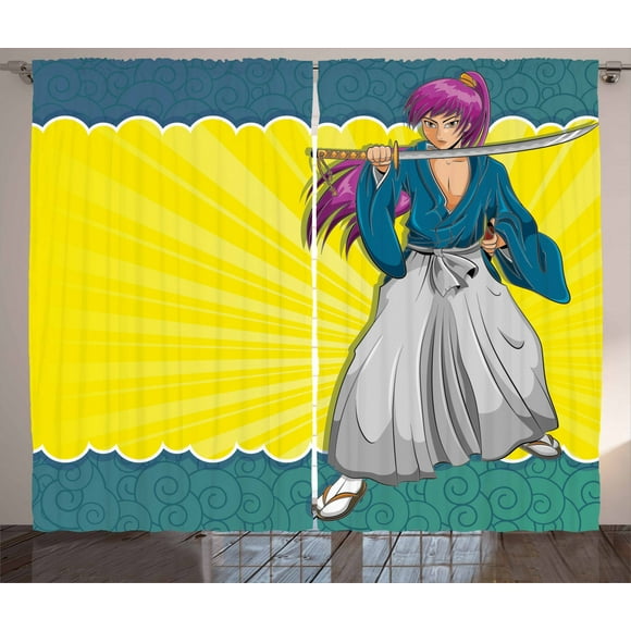 Ambesonne Anime Curtains 2 Panel Set, Manga Samurai Character Art, 108" x 63", Multicolor