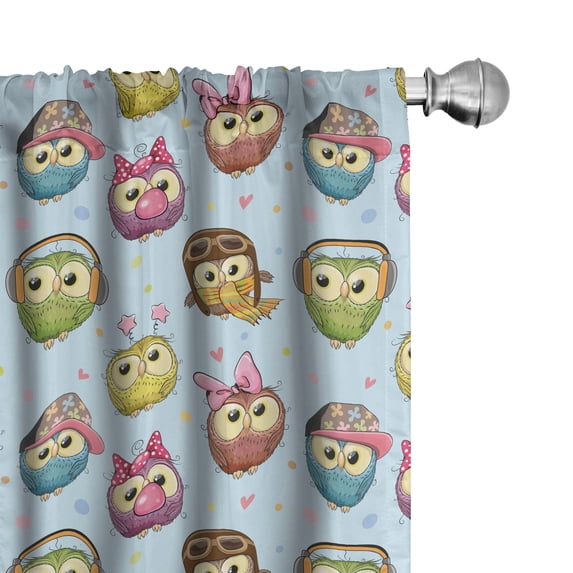 Ambesonne Anime Curtains, Colorful Owls Hearts Dots Art, Pair of 28"x84", Dark Peach Mustard Blue