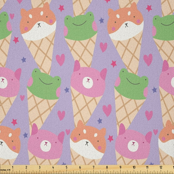 Ambesonne Anime Fabric by the Yard Microfiber, Animals in Ice Cream Print, 10 Yards, Pistachio Green Salmon