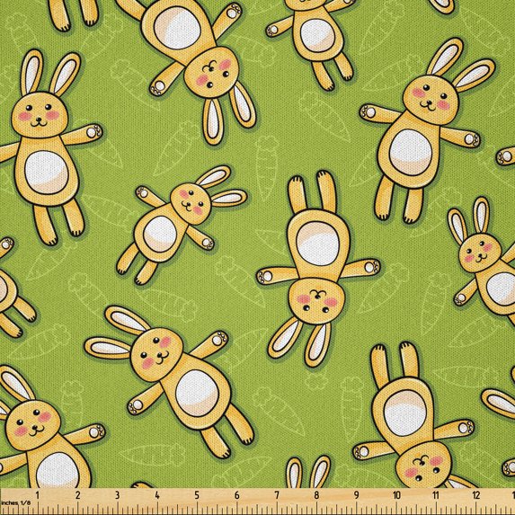 Ambesonne Anime Fabric by the Yard Microfiber, Rabbits Carrots on Green, 5 Yards, Apple Green and Yellow