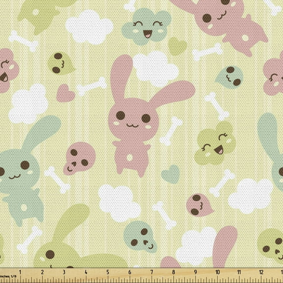 Ambesonne Anime Fabric by the Yard Upholstery, Bunnies Clouds and Bones, 1 Yard, Pale Green Pale Pink