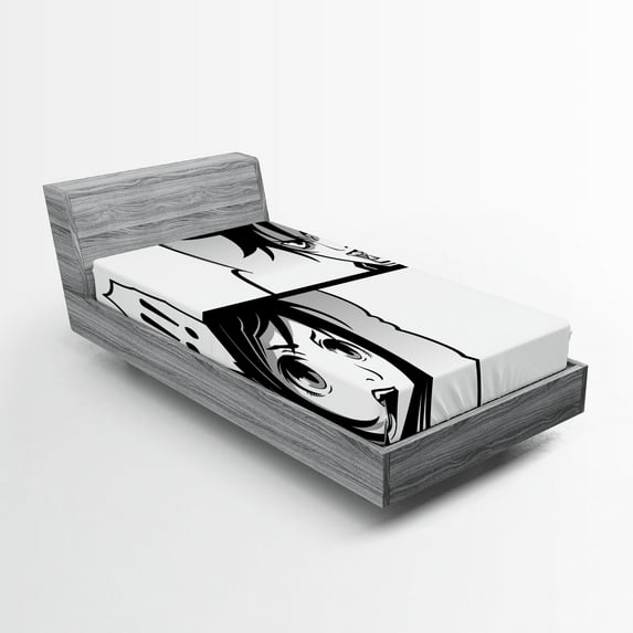 Ambesonne Anime Fitted Sheet 2 Pcs Set, Japanese Cartoon Comic, Twin, Black White Grey