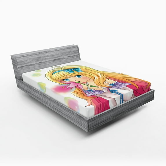 Ambesonne Anime Fitted Sheet 2 Pcs Set, Manga Cartoon Art, Queen, Pink Yellow