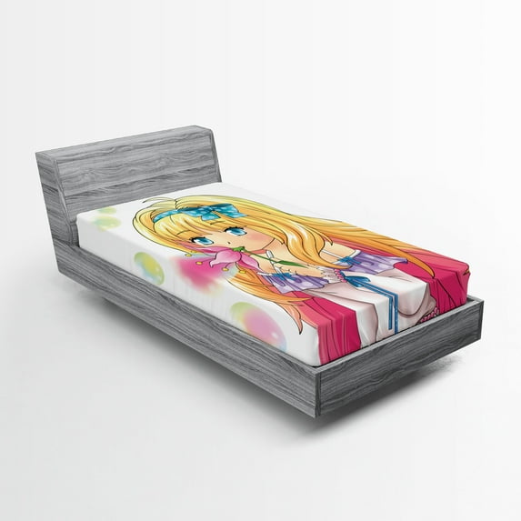 Ambesonne Anime Fitted Sheet 2 Pcs Set, Manga Cartoon Art, Twin, Pink Yellow