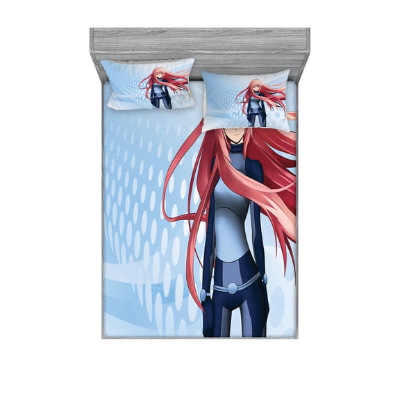 Ambesonne Anime Fitted Sheet & Pillow Sham Set, Digital Futuristic Style, Calking, Pale Blue