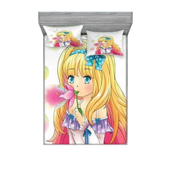 Ambesonne Anime Fitted Sheet & Pillow Sham Set, Manga Cartoon Art, Queen, Pink Yellow