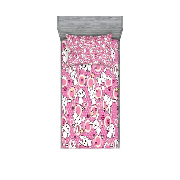 Ambesonne Anime Fitted Sheet & Pillow Sham Set, Rabbits Humor, Twin, White Pink