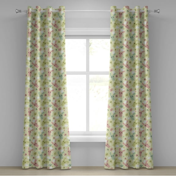 Ambesonne Anime Grommet Curtain, Bunnies Clouds and Bones, 50" x 120", Pale Green Pale Pink