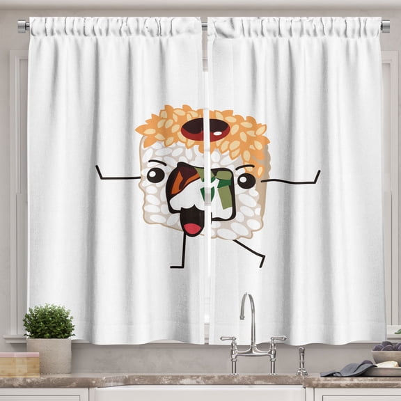 Ambesonne Anime Kitchen Curtains, Happy Sushi Character Art, 55"x24", Pale Orange and Burgundy