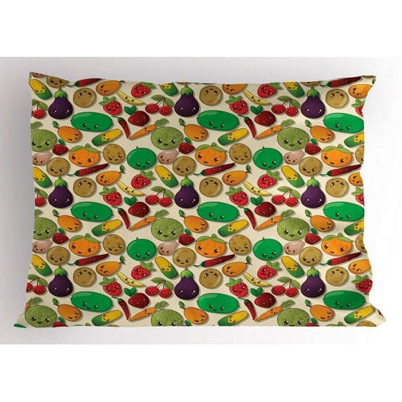 Ambesonne Anime Pillow Sham, Vegetable Fruit Kawaii, 26" X 20", Multicolor