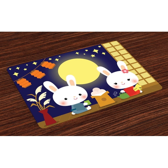 Ambesonne Anime Place Mats Set of 4, Tsukimi Festival Bunnies, Standard Size, Multicolor