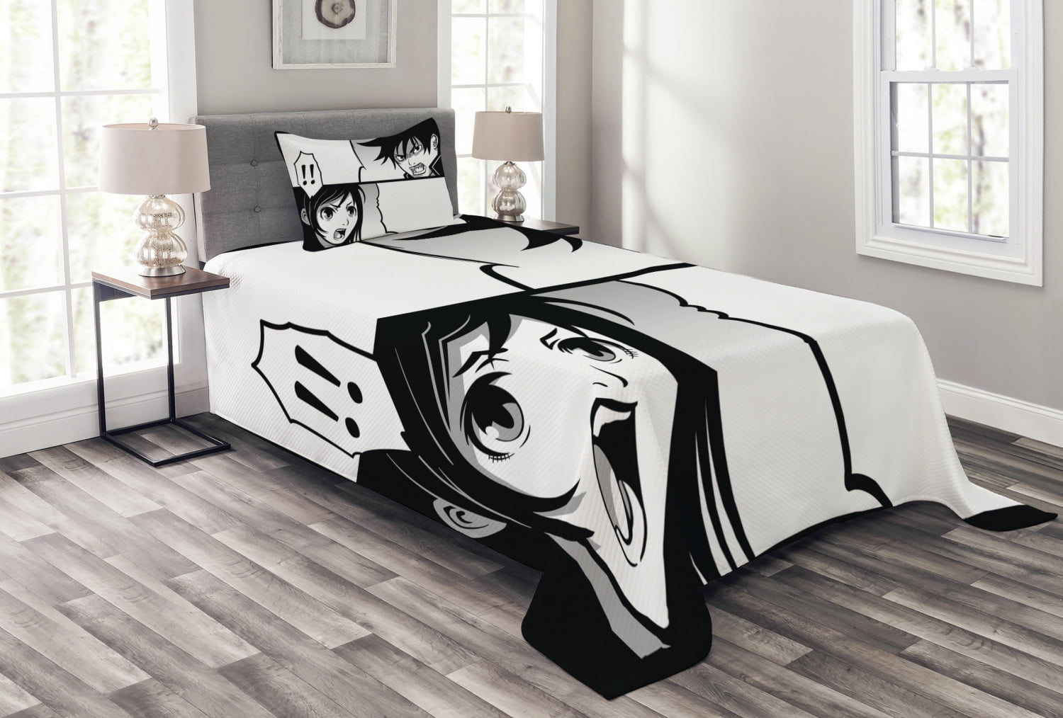 Twin White Quilted Anime Bedspread Set with Pillow Sham