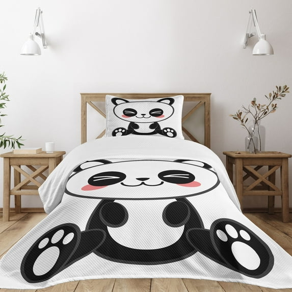 Ambesonne Anime Quilted Bedspread Set 2 Pcs, Japanese Manga Art, Twin Size, Black White Grey