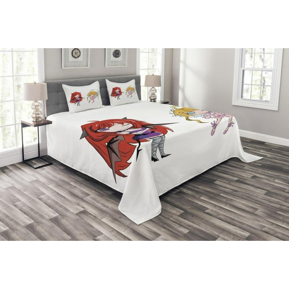 Ambesonne Anime Quilted Bedspread Set 3 Pcs, Japanese Art, Queen Size, White